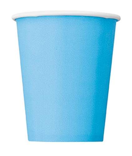 Powder Blue Paper Cups. These sturdy paper cups are great for hot or cold beverages and feature a light blue color. Package includes 20 count 9oz cups.