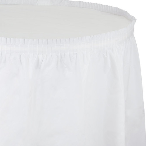 White Plastic Table Skirt. This plastic skirt features a self-adhesive edge and is great for showers, holidays, and birthday parties. Measures 14ft x 29in.