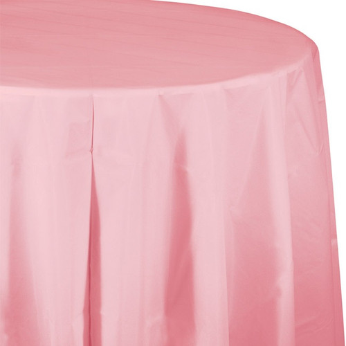 Classic Pink Round Plastic Tablecover. This waterproof plastic disposable cover has an octagon shape for better draping. Measures 82in.