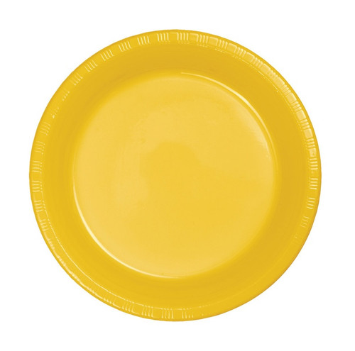 Yellow Plastic Dessert Plates! These heavy duty plastic plates feature a deep yellow color with raised edges. Package includes 20 count 7in plates.