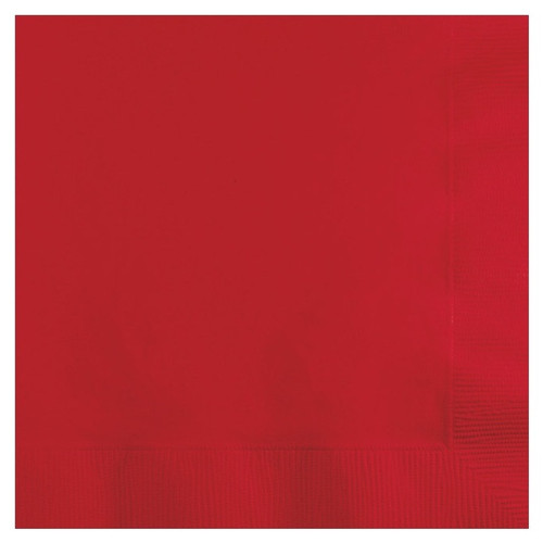 Red Luncheon Napkins. These 2-ply paper napkins feature a red color. Package includes 50 count napkins that measure 6.5in x 6.5in when folded.