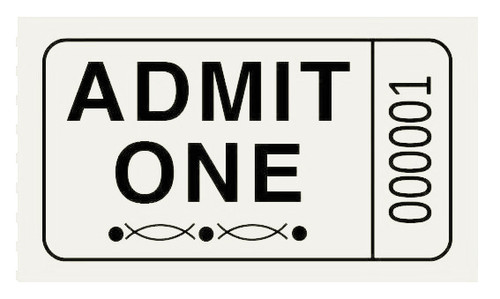 Single Ticket Roll. These white perforated paper tickets feature “Admit One” printed in black with consecutive numbers. Includes 2000 – 1in x 2in tickets. Single Ticket Roll. These white perforated paper tickets feature “Admit One” printed in black with consecutive numbers. Includes 2000 – 1in x 2in tickets.