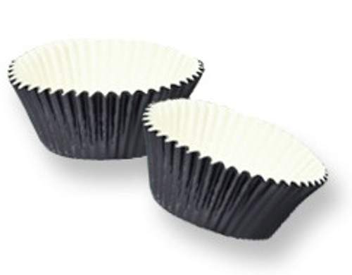Black Foil Baking Cups. These paper baking cups feature a shiny metallic black foil design. Package includes 40 count 2in x 1.25in cups.