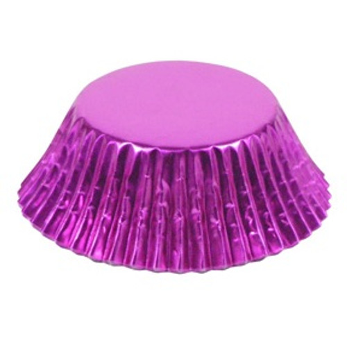 Cerise Foil Baking Cups. These paper baking cups feature a shiny metallic fuchsia foil design. Package includes 40 count 2in x 1.25in cups.