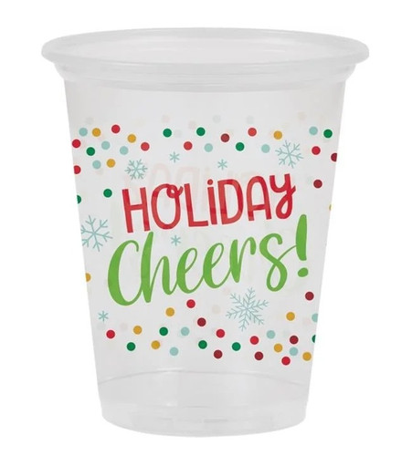 Holiday Cheers Plastic Cups. These clear plastic cups feature multicolor confetti, light blue snowflakes, and the text "HOLIDAY Cheers!" in a combination of red capital letters and green script. Package includes 8 count cups measuring 16oz.