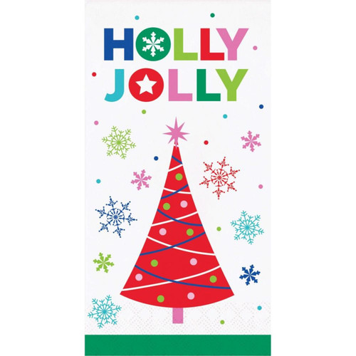 Joyful and Jolly Guest Towel Napkins. The front of these 3 ply paper napkins features a white background with green trim and multicolor snowflakes, as well as a colorful red Christmas tree underneath the text "HOLLY JOLLY" in multicolor letters. Package includes 16 count napkins that measure 4in x 8in when folded.