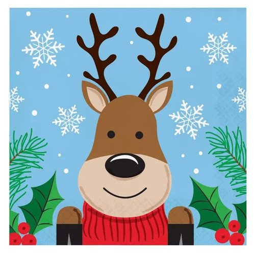 Christmas Cheer Luncheon Napkins. These 2 ply paper napkins feature a light blue background with white snowflakes and a cartoon reindeer in a red sweater. Package includes 16 count napkins measuring 6.5in when folded.