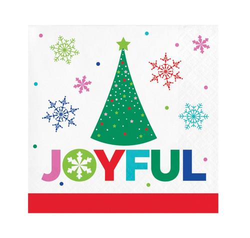Joyful and Jolly Luncheon Napkins. The front of these 2 ply paper napkins features a white background with red trim and multicolor snowflakes, as well as a Christmas tree over the text "JOYFUL" in multicolor letters. Package includes 16 count napkins that measure 5in x 5in when folded.