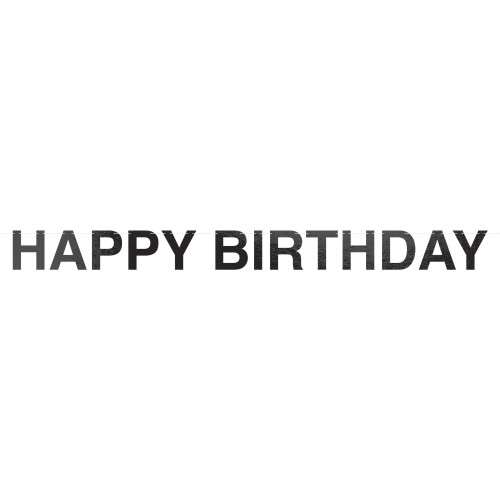 Black Happy Birthday Letter Banner. These capital cardstock letters spell out "HAPPY BIRTHDAY" and are printed in black, strung together on a white ribbon. Great for mantles, doorways, and offices. The underside is brown cardstock. Measures 6in x 7.75ft. Black Happy Birthday Letter Banner. These capital cardstock letters spell out "HAPPY BIRTHDAY" and are printed in black, strung together on a white ribbon. Great for mantles, doorways, and offices. The underside is brown cardstock. Measures 6in x 7.75ft.