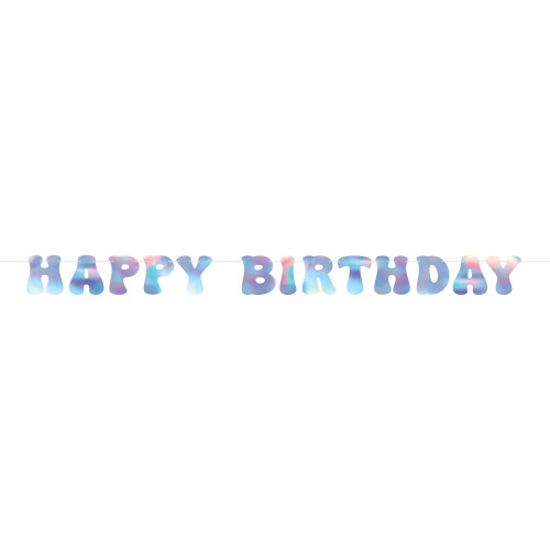 Iridescent Happy Birthday Letter Banner. These shimmery iridescent letters spell out "HAPPY BIRTHDAY" in a groovy font, strung together on a white ribbon. The underside is brown cardstock. Measures 6in x 7.75ft. Iridescent Happy Birthday Letter Banner. These shimmery iridescent letters spell out "HAPPY BIRTHDAY" in a groovy font, strung together on a white ribbon. The underside is brown cardstock. Measures 6in x 7.75ft.