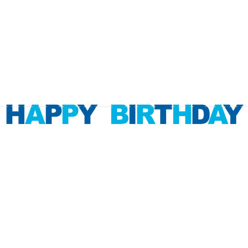 Multi Blue Happy Birthday Letter Banner. These capital cardstock letters spell out "HAPPY BIRTHDAY" and are printed in alternating dark blue and light blue, strung together on a white ribbon. Great for mantles, doorways, and offices. Measures 6in x 7.75ft.