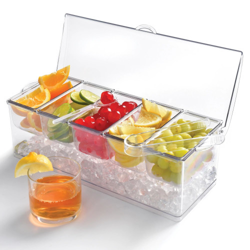 Garnish Tray. This plastic container with a closable lid has 5 compartments for garnish such as lemon and lime slices, cherries, grapes, and more, removable for easy clean up. There is space underneath the compartments to place ice cubes to keep your foods fresh. Measures 16in x 5.75in. This set also includes 2 count plastic tongs and 6 count plastic spoons. Drinking glass not included. Hand wash only. Not microwave safe.