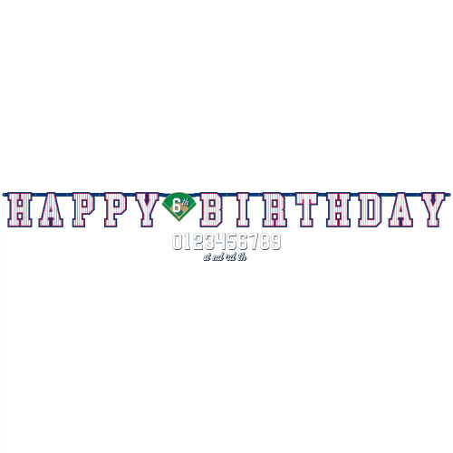 Jumbo Baseball Happy Birthday Letter Banner Kit. Featuring large white cardstock letters with navy stripes and red and navy trim, this jointed banner spells out "HAPPY BIRTHDAY." A baseball diamond graphic sits between the two words, where you can add a personal age using the available white numbers with navy blue shadows. Package includes 1 count banner measuring 10in x 10.5ft, 24 count attachable pieces (two of each of #0-#9 and st, nd, rd, and th), and 5 count pieces of double sided tape.