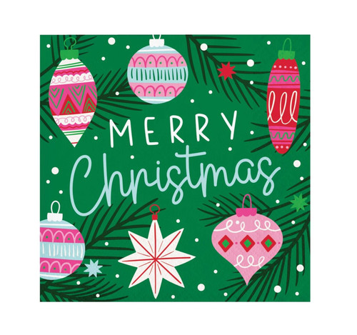Holiday Frills Beverage Napkins. These 2 ply paper napkins are green with branches of pine and colorful ornaments around the text "MERRY Christmas" in a combination of white capital letters and light blue script. Package includes 16 count napkins measuring 5in when folded.