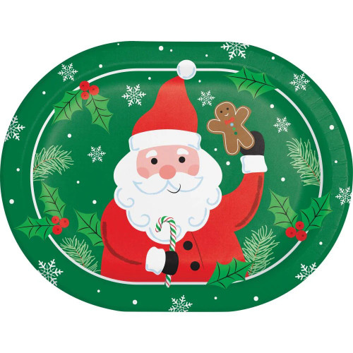 Christmas Cheer Oval Plates! These oval shaped paper plates feature a green background with holly and white snowflakes around a cartoon Santa holding a red, green, and white candy cane and a gingerbread man. Package includes 8 count plates measuring 12in x 9.25in.