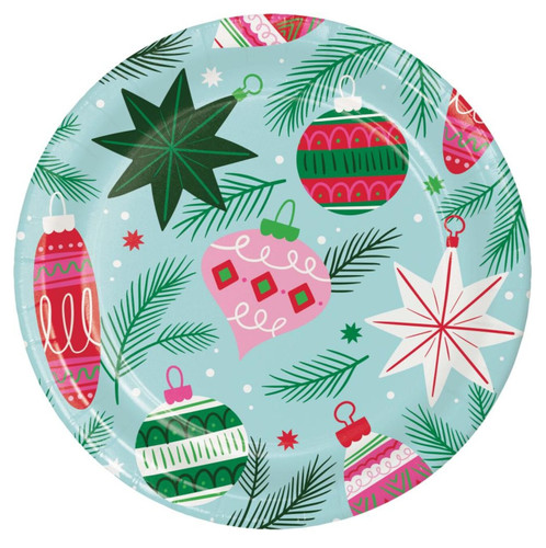 Holiday Frills Luncheon Plates. These light blue paper plates feature green sprigs of pine and ornaments of different shapes in green, red, pink, and white. Package includes 8 count plates measuring 8.75in.