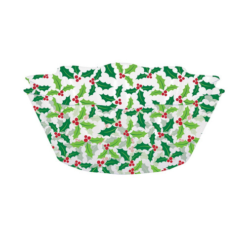 Holly Fluted Bowl. This clear fluted plastic bowl showcases a holly pattern in light and dark green leaves with bright red berries. Measures 8in in diameter, 3in deep.