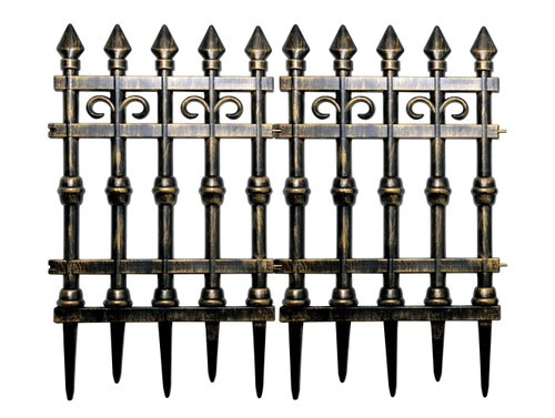 Hell-o-ween Brass Gate Set. These interlocking segments of plastic gates are pointed and eerie looking, painted to look like weathered brass. Package includes 2 count pieces. Each piece measures 18in wide x 29in tall. 36in x 29in when the two are connected.