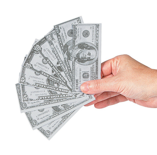 This paper Play Money resembles bills of one, five, ten, twenty, fifty, and one hundred dollars. These bills are smaller than the typical dollar bill. This package includes three $1 bills, two $5 bills, two $10 bills, one $20 bill, one $50 bill and one $100 bill, measuring 1.75in x 4in.