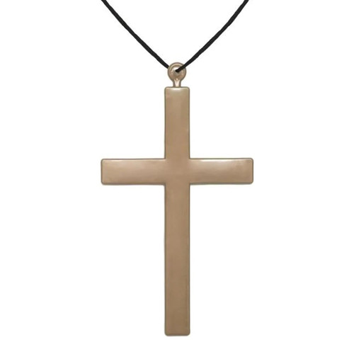 Monk Cross. This necklace accessory features a large muted gold plastic cross on a black nylon cord. Cross measures 8.5in x 5.25in. One size fits most adults and teens. Monk Cross. This necklace accessory features a large muted gold plastic cross on a black nylon cord. Cross measures 8.5in x 5.25in. One size fits most adults and teens.