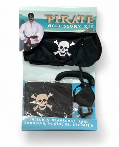 Pirate Accessory Kit. This set includes a black satin eyepatch with ribbon ties, as well as two large metallic gold clip on earrings and a black moustache with adhesive. A black headscarf with an elastic band and a black fabric sash both have a white print of a skull with cross bones behind it. Eyepatch measures about 2in x 2.25in, earring 1.6in, moustache 4.5in. One size fits most adults and teens.