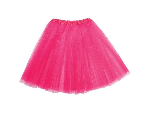 Child Neon Pink Tutu. This accessory features three layers of neon pink tulle with an elastic waist band! One size fits most children.
