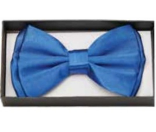 Blue Satin Bow Tie. This blue tie features an adjustable strap with hook. Measures 2.5in x 4.75in. One size fits most. Blue Satin Bow Tie. This blue tie features an adjustable strap with hook. Measures 2.5in x 4.75in. One size fits most.