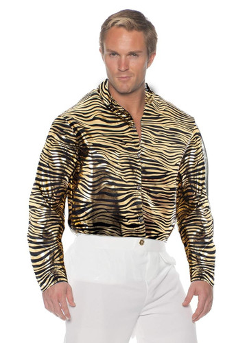 Tiger Disco Shirt. This button up shirt features a gold shimmery fabric with black tiger stripes. Package includes shirt only. One size fits most adults. Tiger Disco Shirt. This button up shirt features a gold shimmery fabric with black tiger stripes. Package includes shirt only. One size fits most adults.