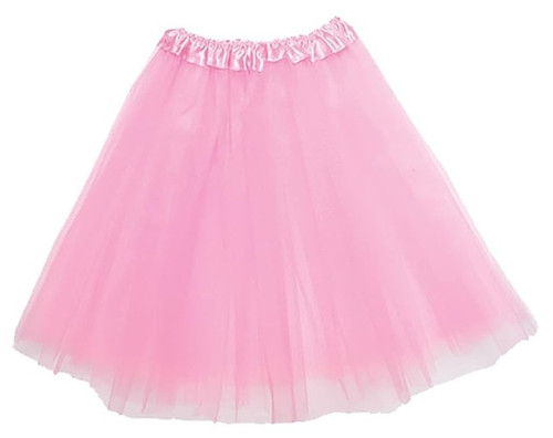 Adult Light Pink Tutu. This accessory features three layers of light pink tulle with an elastic waist band! Waist measures about 20-38in, length about 15.5in. One size fits most.