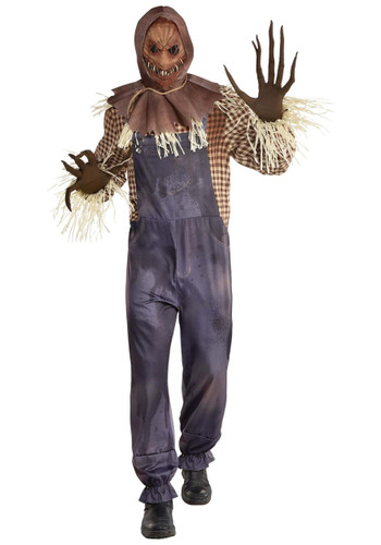 Adult Sinister Scarecrow. This costume includes a burlap printed hood with a latex scary scarecrow mask with stitches over the eyes and mouth. It also includes a jumpsuit with a brown gingham top and attached stained blue overalls, as well as straw coming out of the sleeves. Brown gloves with long fingers complete the look. Shoes not included. Adult Standard fits up to size 44.