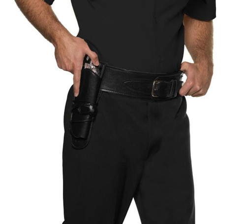 Cowboy Holster. This black faux leather holster features a single compartment with leg ties for a gun prop, a belt loop, and an adjustable strap. Prop gun not included. One size fits most.