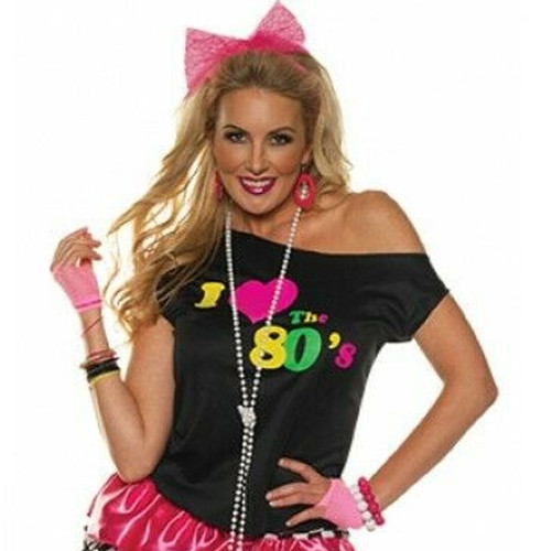 I Love the 80's Shirt. This black, off the shoulder screen printed shirt features the text "I (Heart) The 80's" in bright multicolor text. Package includes shirt only, additional accessories not included. Available in sizes Small (4 - 6), Medium (8 - 10), Large (12 -14), and X Large (14 - 16).