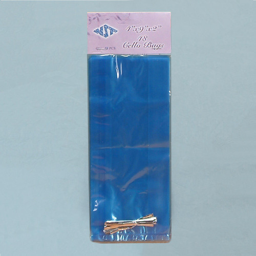 Blue Cello Bags. Small measures 9in x 4in x 2in and includes 48 count bags and silver twist ties per package.