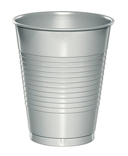Silver Plastic Cups. These plastic cups feature a silver color with a slight shimmer and a raised grip, and should only be used for cold drinks. Package includes 20 count 16oz cups.