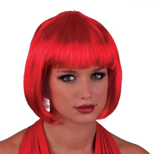 Red Short Wig. This shiny, red, synthetic hair wig features a bob hairstyle with straight across bangs. One size fits most adults and older teens. Red Short Wig. This shiny, red, synthetic hair wig features a bob hairstyle with straight across bangs. One size fits most adults and older teens.