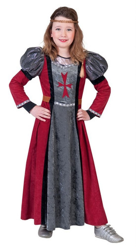 Child Princess Lady Rouge Dress. This polyester dress features a red, silver, and black color scheme with long sleeves, puffy shoulders, and a medieval red cross on the front. Package includes dress only. Shoes, headband, and black undershirt not included. Available in Child sizes 6, 8, 10, 12, and 14.