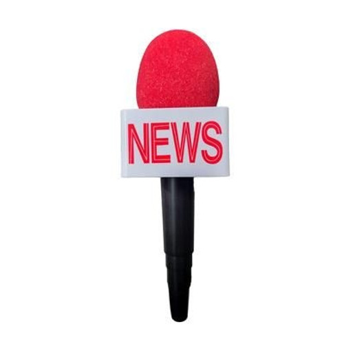 News Reporter Microphone. Featuring a red foam ball, a white wrap-around mic flag with “NEWS” printed in bright red text, and a black plastic handle, this is the perfect accessory for a news reporter costume. Measures 10in.