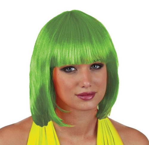 Neon Green Short Wig. This shiny, bright green, synthetic hair wig features a bob hairstyle with straight across bangs. One size fits most adults and older teens.