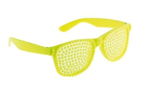 Neon Yellow Dotted Lenses. These neon yellow plastic glasses feature clear lenses covered in tiny neon yellow rhinestones. For novelty use only. One size fits most.