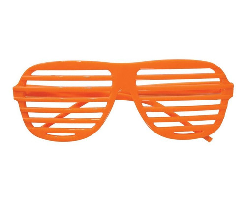 Neon Orange Shutter Shades. These neon orange plastic glasses feature shutter lenses. For novelty use only. One size fits most.