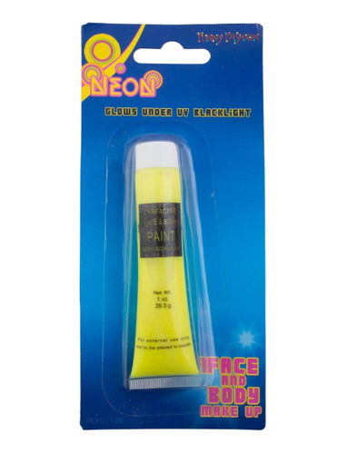 Neon Yellow Face and Body Paint. This bright yellow makeup clows under UV blacklight. Net WT 1oz.