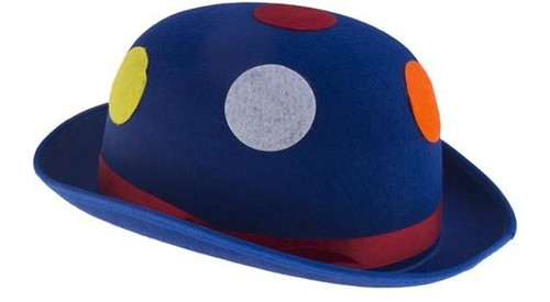 Felt Polka Dot Clown Hat -  Blue. This felt hat is available in blue, red, or yellow with multicolor polka dots in a bowler hat style. One size fits most. Desired color not guaranteed in stock.