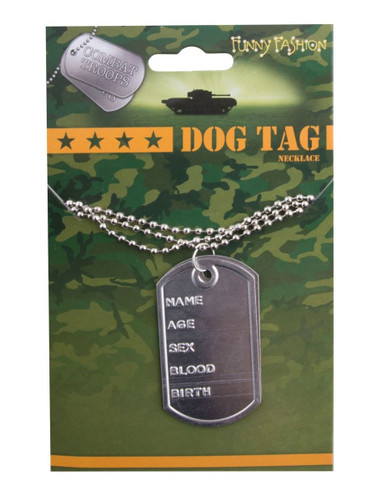 Military Dog Tag. This silver tone metal tag is attached to a bead necklace, with the details for "NAME," "AGE," SEX," "BLOOD," and "BIRTH." Tag measures about 1.75in x 1.25in.