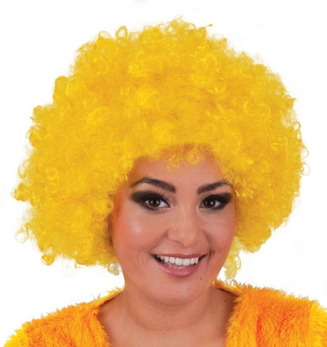 Yellow Hippie Afro Wig. This snazzy, synthetic wig features a bright yellow color in an afro style! Great for sports parties, parades, and costumes! One size fits most.