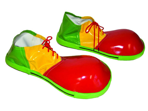 Jumbo Adult Clown Shoes. These red, green, and yellow shoes feature matching red laces and black EVA foam bottoms. One size fits most adults and older teens.