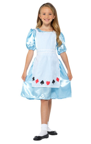Alice in Wonderland Child. This polyester costume includes a shiny light blue dress with a zipper back closure and a white apron with red and black card suit symbols along the bottom. It also includes a black fabric headband with a black elastic band. Shoes not included. Available in child sizes Small 3 - 4, Medium 5 - 6, Large 7 - 8, and X Large 9 - 10.