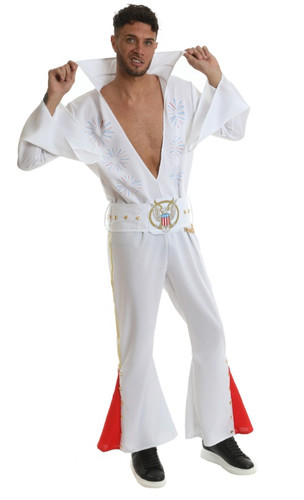 The King Adult. This polyester costume includes a white jumpsuit with a high collar, flared sleeves and open chest, with decorations of red and blue fireworks. It also includes a white belt decorated with an eagle, gold chain, and gold stars. Shoes not included. Small fits 34 - 36, Medium fits 38 - 40in, Large fits 42 - 43in, and X-Large fits 46 - 48in.