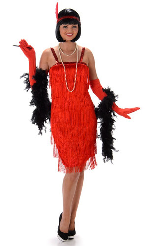 Red Flapper Dress Adult. This sleeveless dress features a red fringe design with red sequin straps. This costume also includes a matching red sequin headband with a red feather as well as red gloves. Shoes, stockings, wig, necklace, boa, and cigarette holder not included. Available in adult sizes X Small 2 - 4, Small 6 - 8, Medium 10 - 12, Large 14 - 16, and X Large 18 - 20.