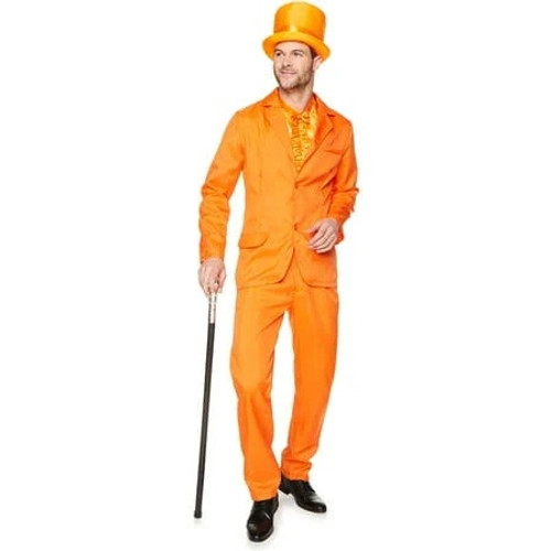 90's Orange Tuxedo Adult. This polyester costume includes a bright orange hat, button up jacket, and trousers, along with a shiny orange shirt insert with a bow tie. Cane and shoes not included. Medium fits 38 - 40in, Large fits 42 - 44in.