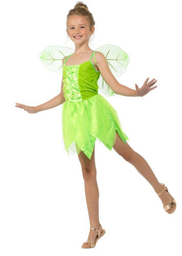 Woodland Fairy Child. This polyester costume includes a shiny bright green dress with a ribbon lace up front and jagged hem as well as green fairy wings with silver glitter details. Shoes not included. Available in child sizes Small, Medium, Large, and X Large.